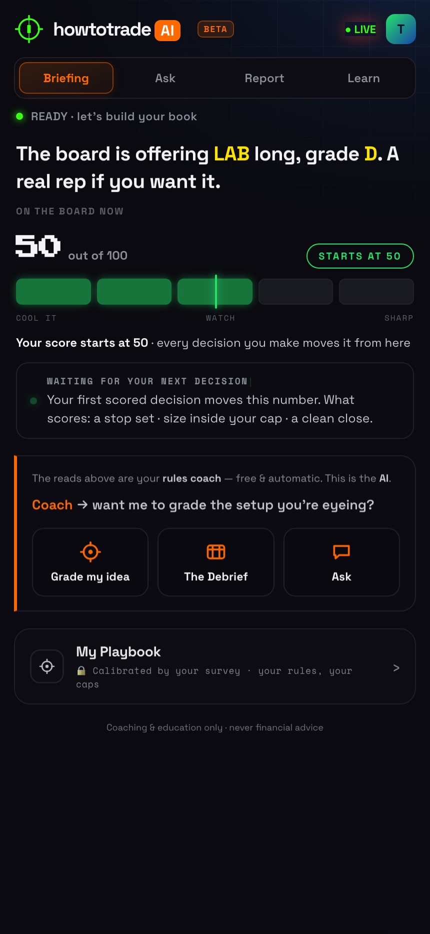 The progress board: your score starts at 50